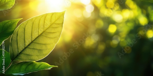 Closeup of vibrant green leaf illuminated by sunlight with blurred greenery bokeh background ideal for natural plant landscapes and ecology themes photo