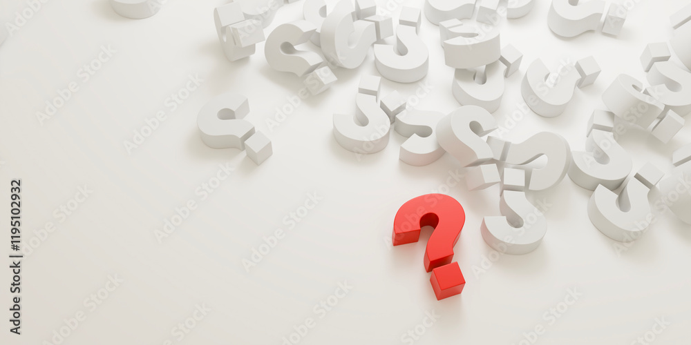 A red question mark stands out among many white question marks, concept of seeking answers and curiosity. A red question mark stands out among many white question marks, concept of seeking answers and curiosity.