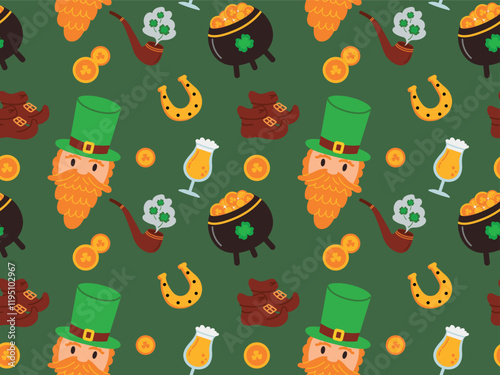 Seamless pattern with leprechaun, horseshoe, pile of gold coins. Happy St. Patrick's Day
