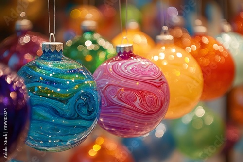 Colorful swirls adorning festive christmas ornaments hanging in a blurred background
