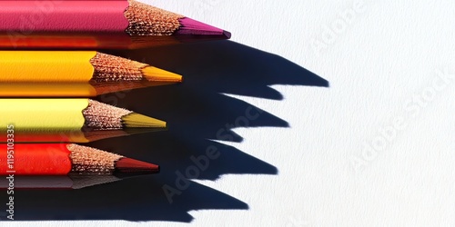 Vibrant colored pencils in red, yellow, and pink arranged diagonally casting sharp shadows on a clean white background. photo