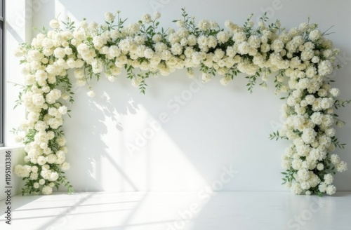 L-shaped floral arch of cascading white flowers and greenery, set against a bright white wall with natural light photo