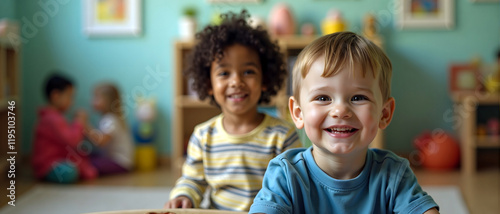 Multicultural childcare facility cute young toddler boys playing and smiling, home daycare center wide banner