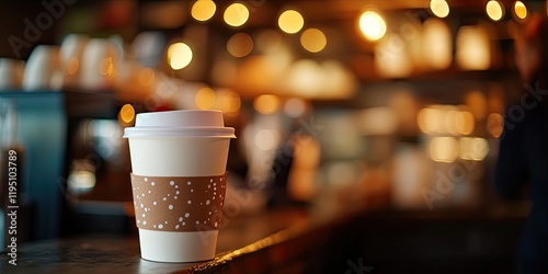 Coffee cup in the foreground with warm bokeh lights and blurred cafe background, soft earthy tones creating a cozy coffee shop atmosphere