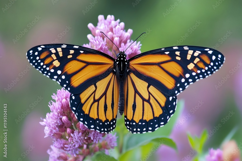 Naklejka premium Monarch butterfly showing its beautiful orange and black wings on purple flower