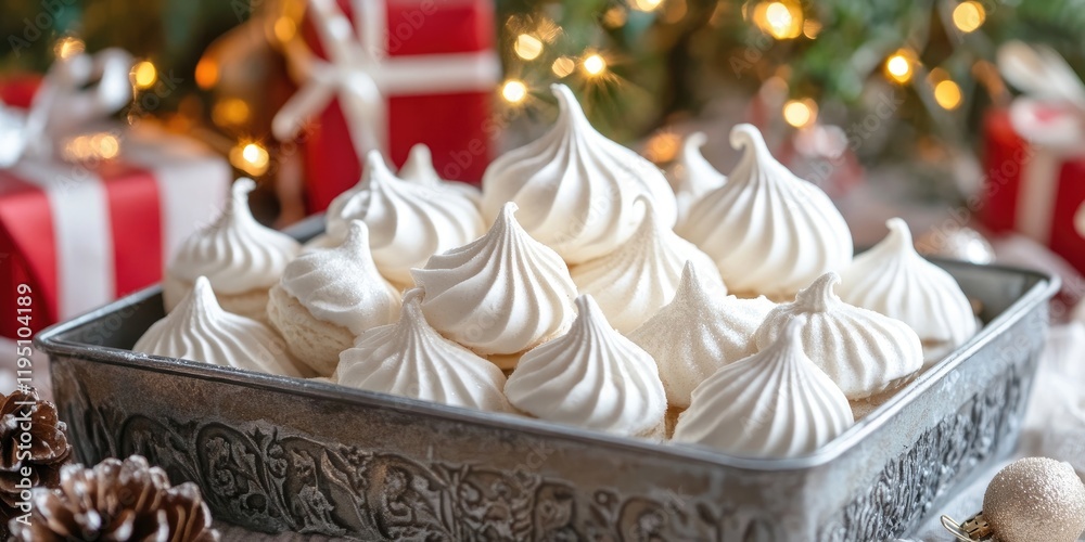 Fototapeta premium Coconut meringue cookies in a silver metal box with swirled peaks in the foreground and festive Christmas gifts blurred in the background