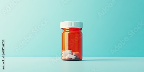 Prescription pill bottle filled with white tablets positioned at the center on a light blue background with soft lighting and vibrant colors. photo