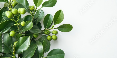 Wallpaper Mural Closeup of Sonneratia ovata with vibrant green leaves and round green fruits on a pale white background featuring ample copy space on the right Torontodigital.ca