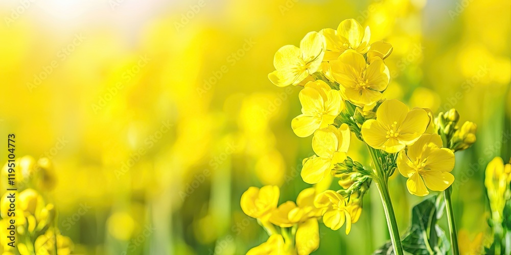Vibrant closeup of blooming Brassica napus flowers in a bright yellow rapeseed field, soft green leaves, warm sunlight background, spring atmosphere Vibrant closeup of blooming Brassica napus flowers in a bright yellow rapeseed field, soft green leaves, warm sunlight background, spring atmosphere