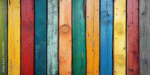 Vibrant wooden plank backdrop featuring vertical stripes in green, blue, yellow, red, and turquoise with a rustic texture and natural wood grains. photo