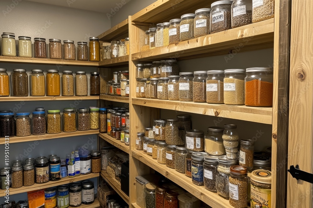 Well-Organized Pantry with Various Foods Well-Organized Pantry with Various Foods
