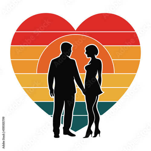 A man and a woman is dancing in a heart shape and sunset retro vintage style design.eps