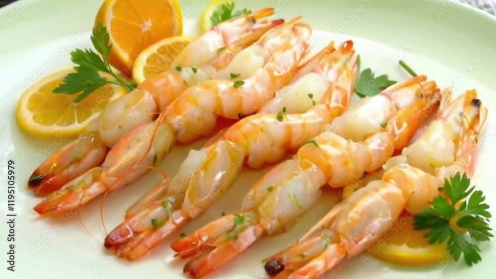 Shrimp plated with citrus herbs flowers intricate design or Slow sweeping shot explores details