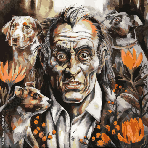 A madman sits with many dogs and rats. Ai generated