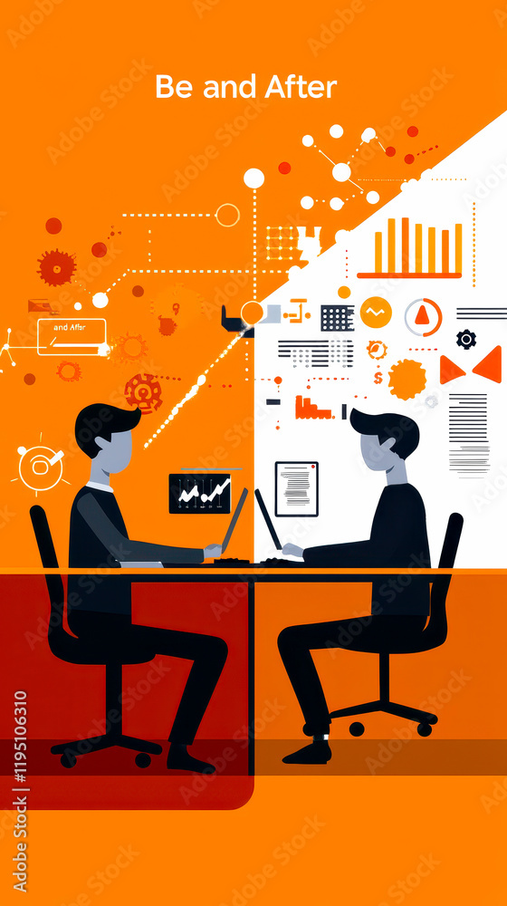Two figures work at desks, analyzing data and graphics, representing a transformation or improvement process under the theme Two figures work at desks, analyzing data and graphics, representing a transformation or improvement process under the theme