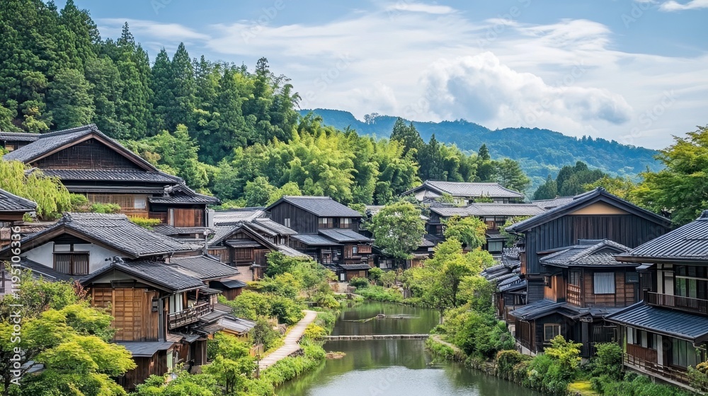 A vibrant summer scene in Ouchi-juku, with lush greenery surrounding the traditional houses and a clear blue sky overhead. A vibrant summer scene in Ouchi-juku, with lush greenery surrounding the traditional houses and a clear blue sky overhead.