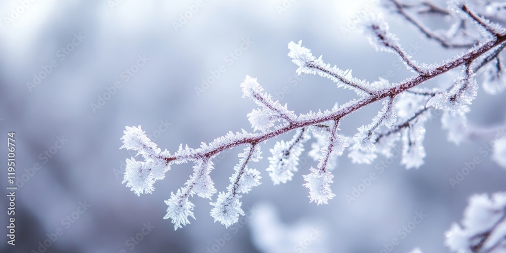 Frost-covered branch with intricate ice crystals in soft focus background, muted blues and whites, ample negative space for text positioning. Frost-covered branch with intricate ice crystals in soft focus background, muted blues and whites, ample negative space for text positioning.