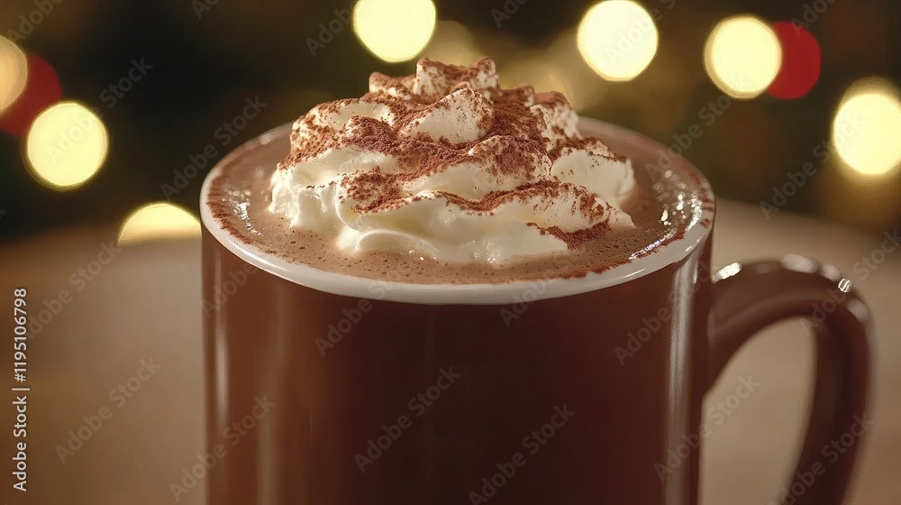 A rich hot chocolate topped with fluffy whipped cream and dusted with cocoa powder A rich hot chocolate topped with fluffy whipped cream and dusted with cocoa powder