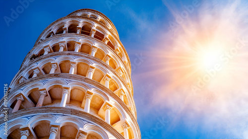 The image showcases the Leaning Tower of Pisa against a clear blue sky, illuminated by bright sunlight, highlighting its iconic tilt and architectural beauty.