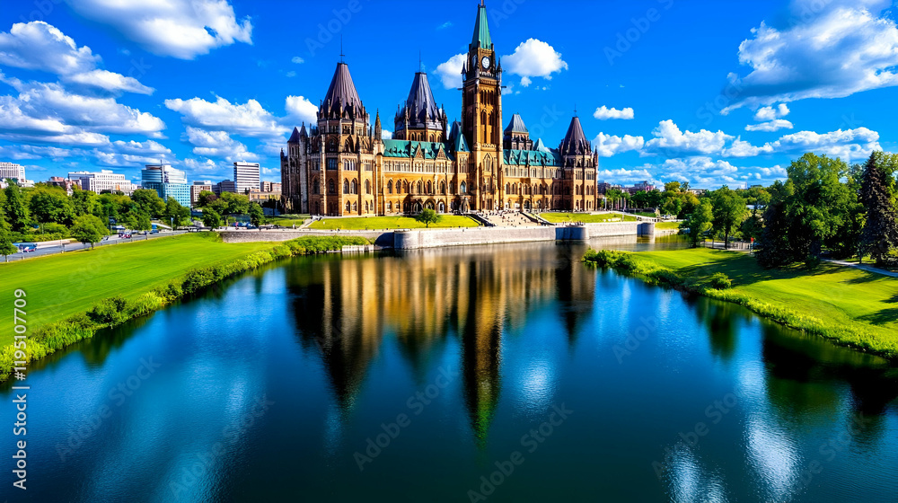 A stunning view of a majestic building reflecting in a serene body of water, surrounded by lush greenery and a vibrant blue sky with fluffy clouds. A stunning view of a majestic building reflecting in a serene body of water, surrounded by lush greenery and a vibrant blue sky with fluffy clouds.