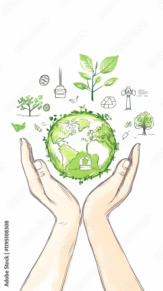 A pair of hands cradles a green Earth surrounded by plants and eco-friendly symbols, symbolizing care for the environment and sustainability.