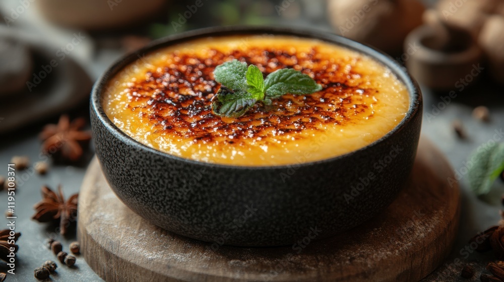 Creamy and Delicious Crème Brûlée with Caramelized Sugar Topping Garnished with Fresh Mint Leaves Surrounded by Spices and Decorative Elements on Dark Background Creamy and Delicious Crème Brûlée with Caramelized Sugar Topping Garnished with Fresh Mint Leaves Surrounded by Spices and Decorative Elements on Dark Background