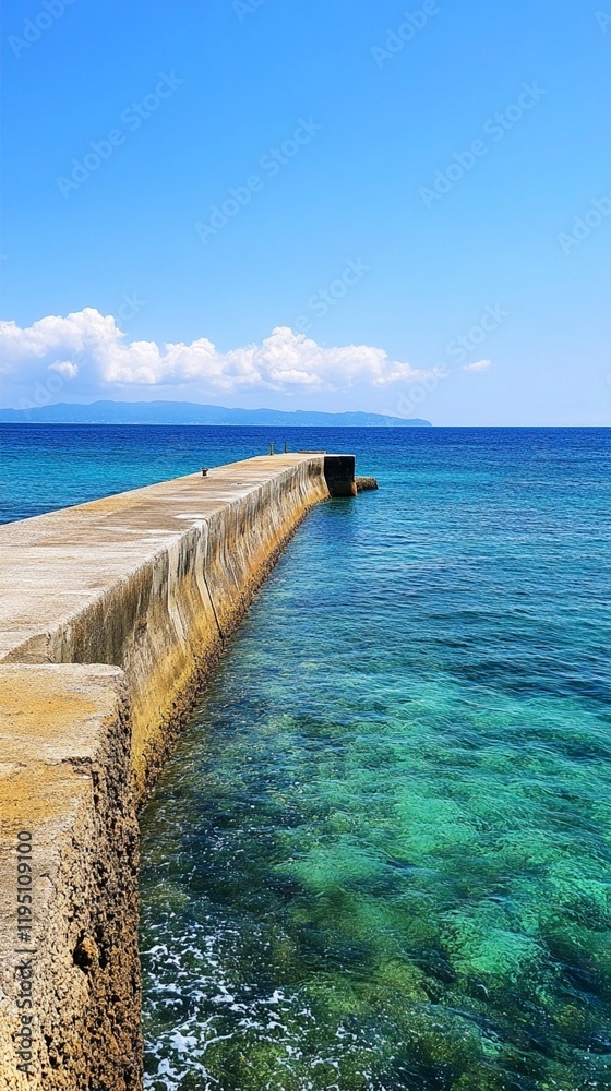 Concrete pier stretching into crystal clear turquoise waters of tropical ocean on sunny day, with distant islands visible on horizon and white fluffy clouds in blue sky. Concrete pier stretching into crystal clear turquoise waters of tropical ocean on sunny day, with distant islands visible on horizon and white fluffy clouds in blue sky.