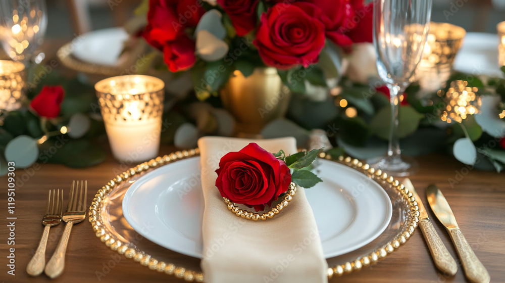 Fototapeta premium Table decoration with red roses.