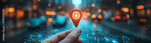 City street background with hand holding GPS location pin
