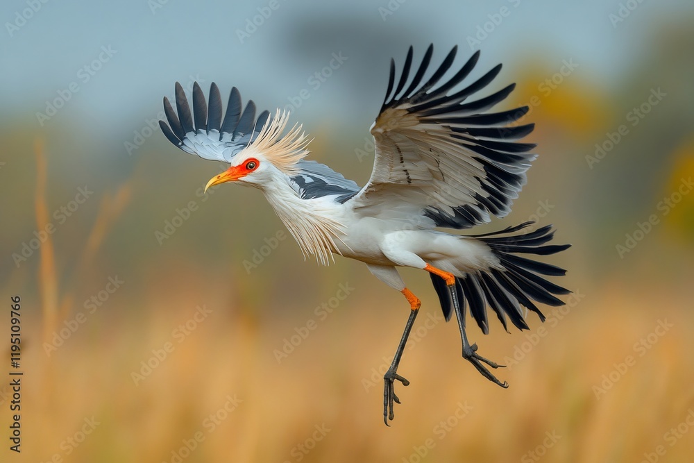 Naklejka premium Secretary bird flying with open wings in natural habitat