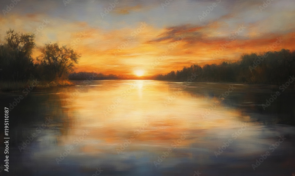 Obraz premium Sunset over calm water, trees reflected.