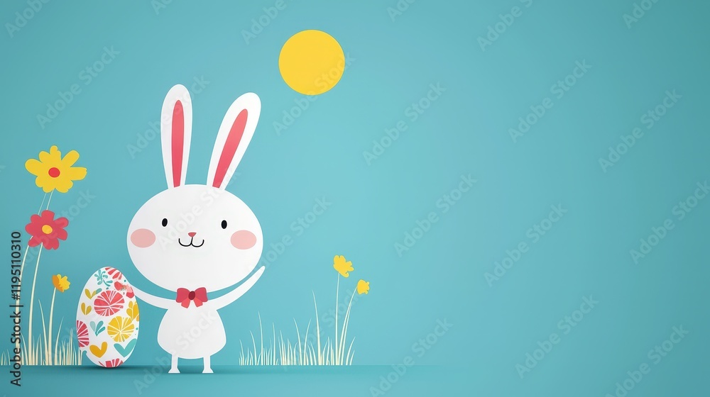 Happy bunny adding floral designs to an Easter egg on a sunny day