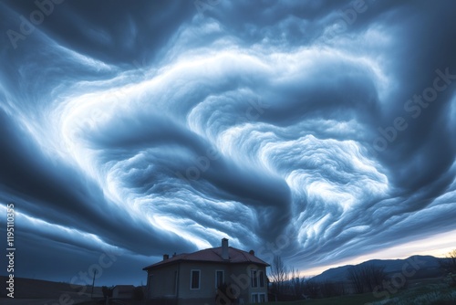 Undulatus asperatus clouds forming above countryside house at dusk photo