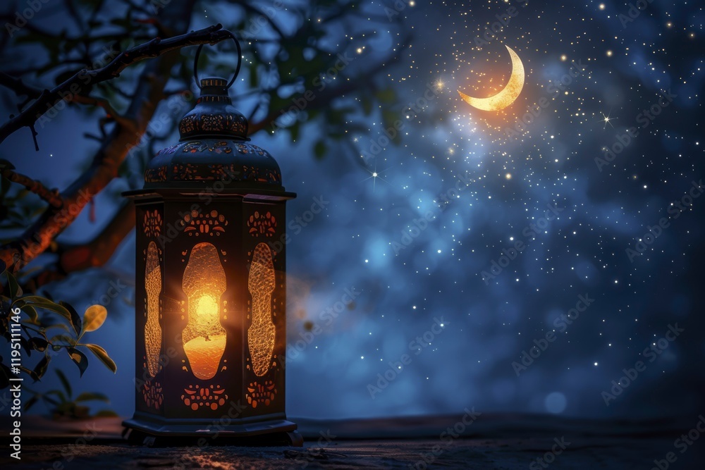Enchanting lantern glow with crescent moon and stars in mystical night scene Enchanting lantern glow with crescent moon and stars in mystical night scene