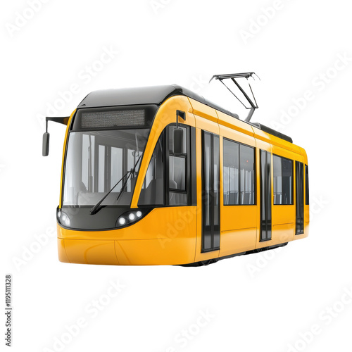 Modern yellow tram on a transparent background