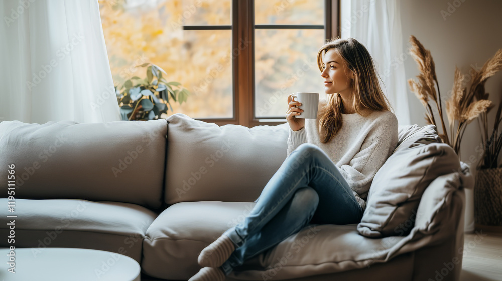 Obraz premium Peaceful Morning Portrait of Relaxed Woman Sitting on Sofa with Coffee in Bright Cozy Home Interior
