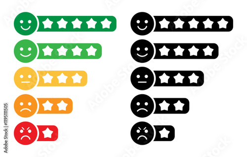 Rating emoji with star in colorful and black and white color for customer experience and feedback vector illustration. Star rating for a product review. Set of rating emoji vector.