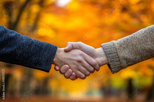 A close-up shot of two hands shaking with confidence in the foreground, set against a vibrant autumn forest scene, highlighting sustainability in business 6 photo