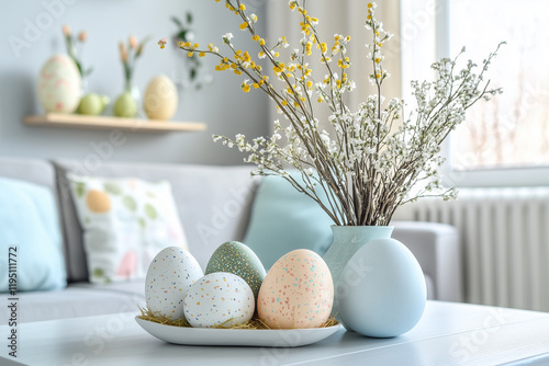 Modern Easter decorations featuring pastel eggs and fresh flowers enhance interior spaces in springtime photo