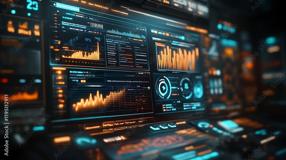 Obraz premium Futuristic digital dashboard displaying graphs and data.