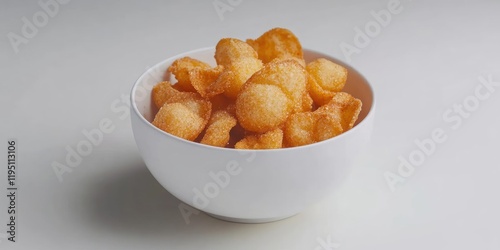 Crispy golden Pilus keju snacks in a white bowl on a soft grey background, highlighting the texture and shape of the tapioca flour treats. photo
