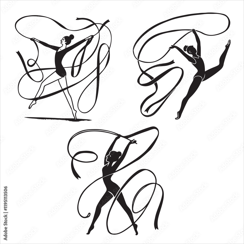 set of black various poses ribbon rhythmic gymnastics vector silhouette set of black various poses ribbon rhythmic gymnastics vector silhouette