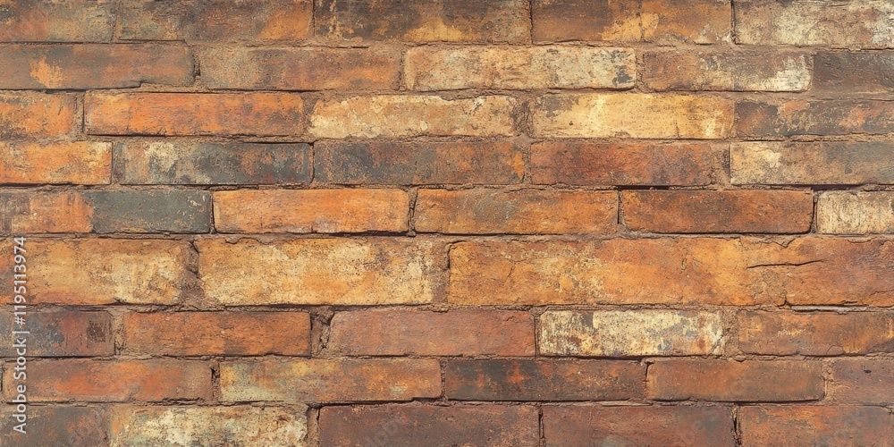 Naklejka premium Rustic textured brick wall backdrop in warm tones of red and brown with varying shades and weathered detail creating a vintage aesthetic.