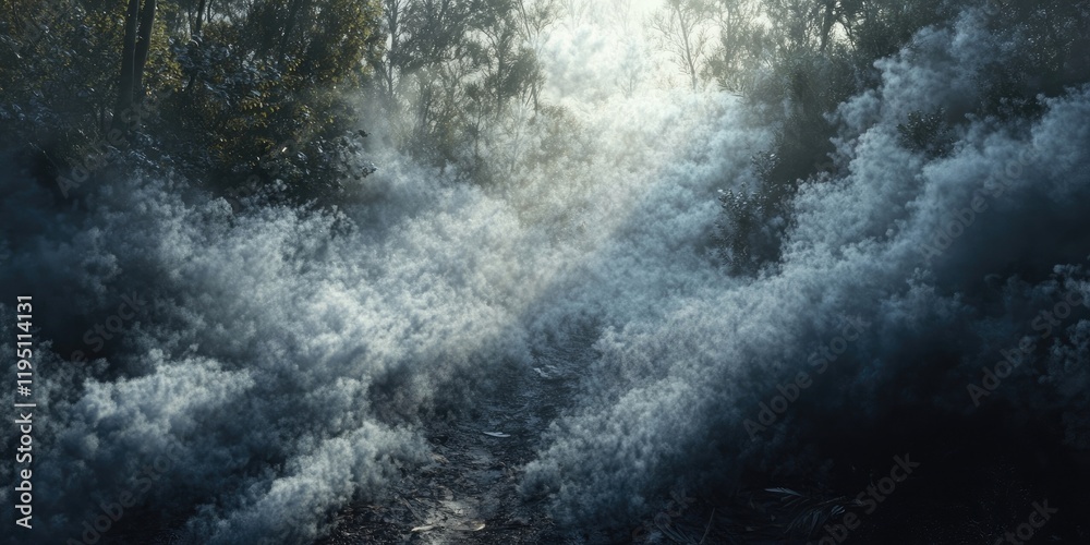Obraz premium Misty forest path with dense blue-gray fog swirling through trees illuminated by soft sunlight creating a serene and mystical atmosphere.