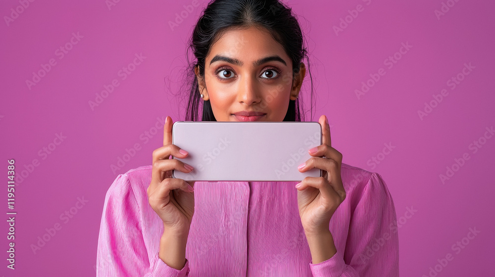 Young indian woman holding a rectangular smartphone Young indian woman holding a rectangular smartphone