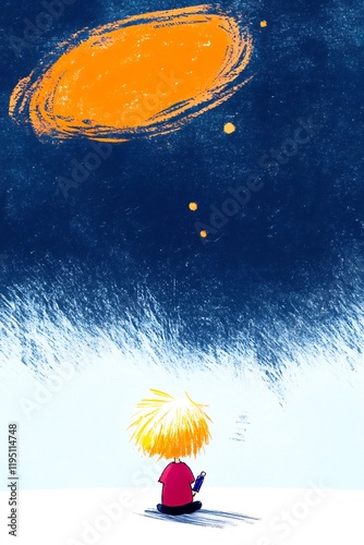 Child Wonderfully Gazes at a Cosmic Digital Painting: Whimsical Night Sky Illustration. AI Generated