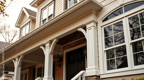 Elegant Home Exterior  Architectural Design and Details of a Classic Suburban House. High-end Real Estate Property