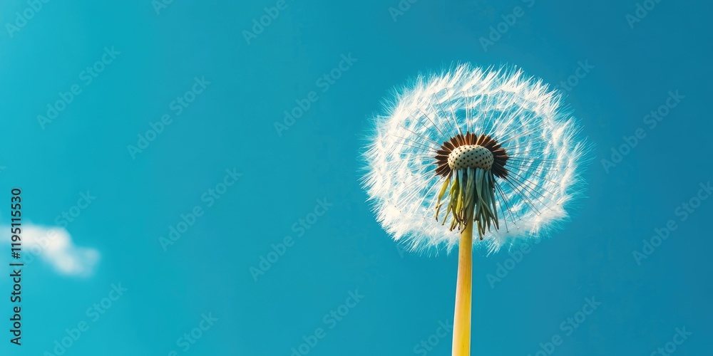 Fototapeta premium Dandelion on a slender stem against a bright blue sky with wispy clouds creating a serene natural scene highlighting delicate seed textures.
