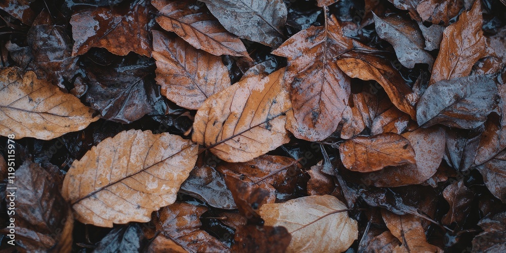 Damp brown and orange leaves scattered on wet ground with droplets of water glistening in the morning light after recent rainfall Damp brown and orange leaves scattered on wet ground with droplets of water glistening in the morning light after recent rainfall