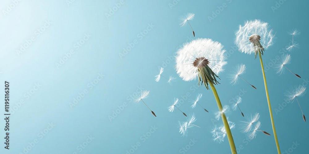 Dandelion seeds blowing in the wind with two white flowers on green stems against a clear blue sky creating space for text on the left side